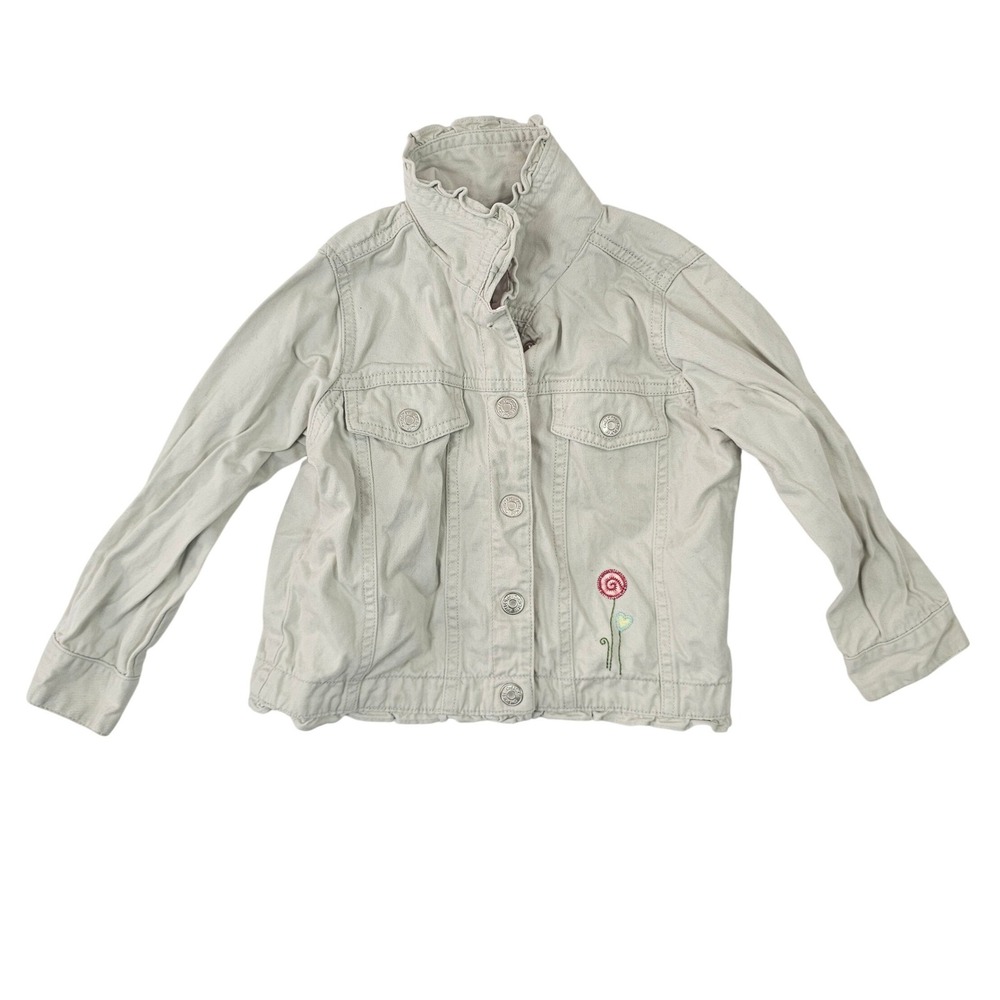Cherokee Girls Tan Cotton Ruffle Collar Jacket Floral Embroidery GinghamLined 3T